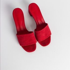Red Suede Slides Mules Low Block Heel Sz US 6.5